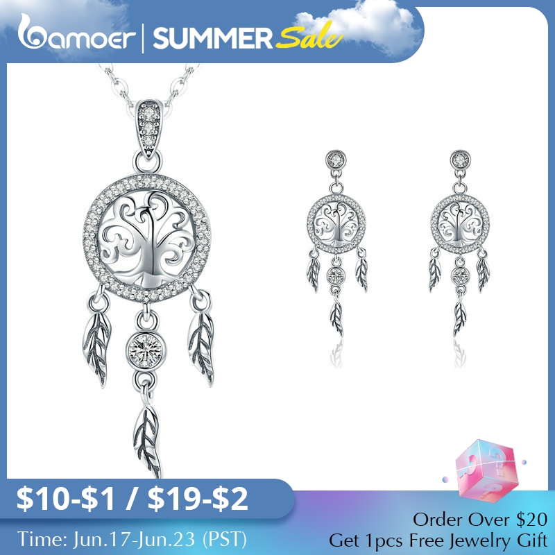 BAMOER Authentic 925 Sterling Silver Tree of Life Dream Catcher Necklaces Pendant Jewelry Set Sterling Silver Jewelry Gift