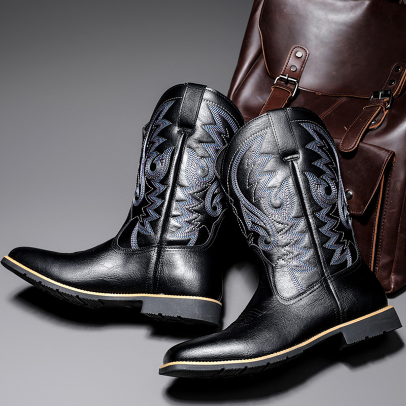 Men's High Embroidered Work Boots Men's Western Cowboy Black Boots