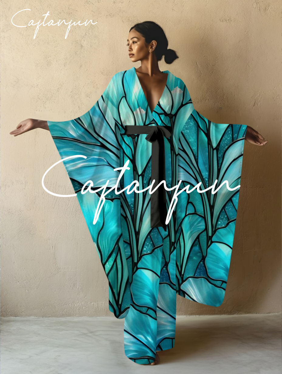 Glass Flower Art Kimono Long Gown Robe With Belt