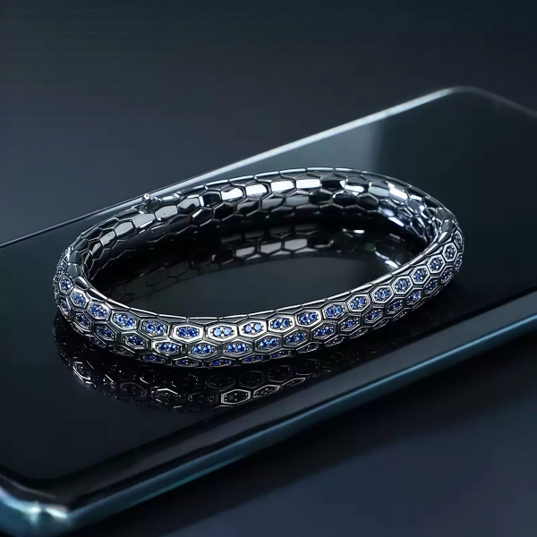 Sterling Silver Handmade Blue Zirconia Black Snake Bracelet
