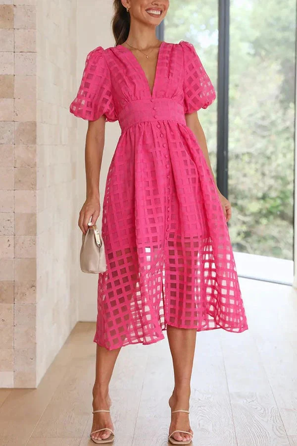 Time-limited promotion 49% OFF Beauty Square Patterned Fabric Puff Sleeve Midi Dress