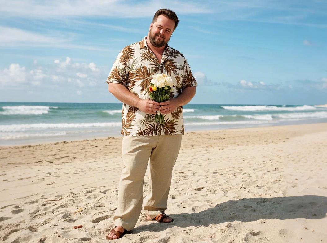 a handsome boy with Hawaiian shirts for big and tall standing on the beach