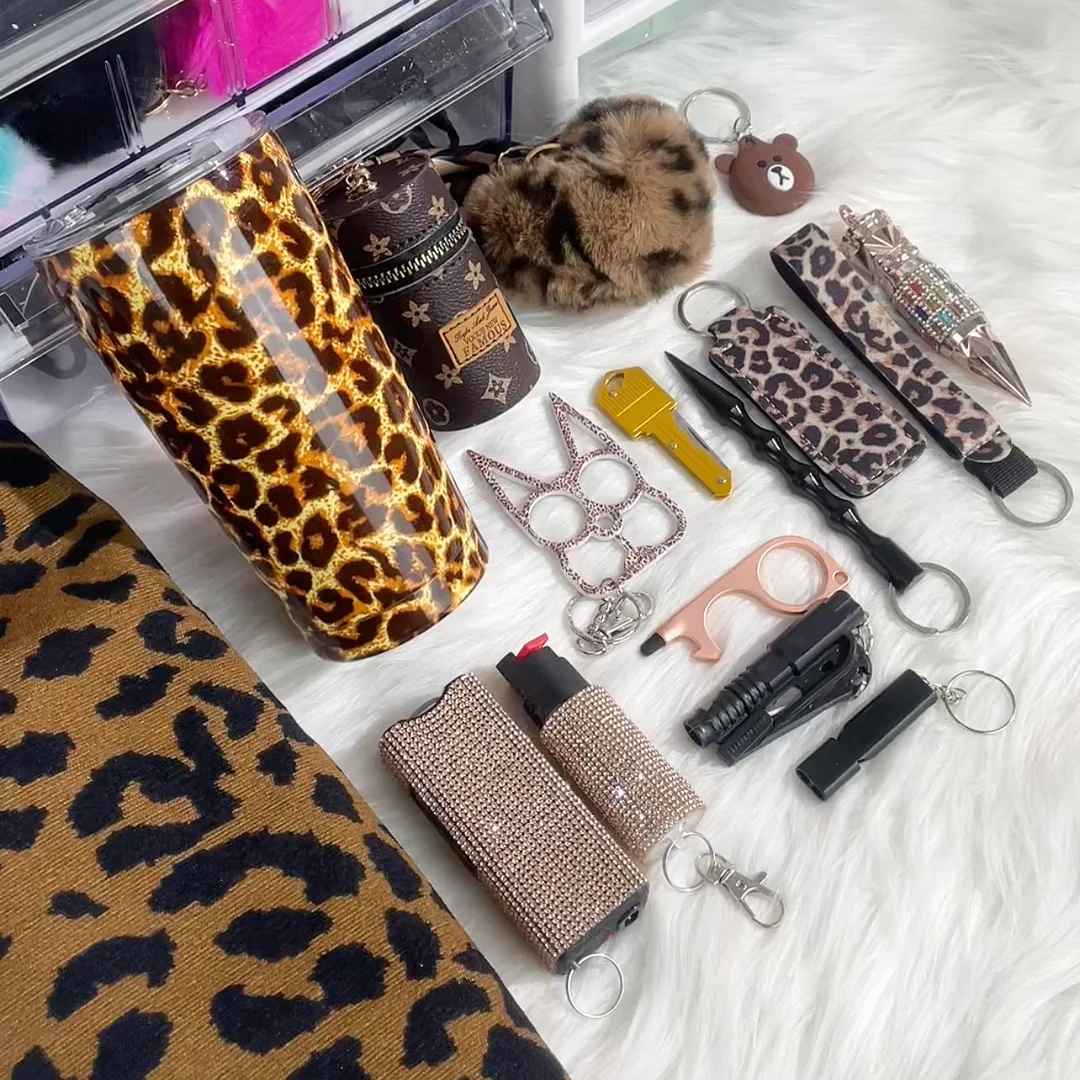 NEW 24-IN-1 Leopard Cheetah theme self defense keychain with optional fashion bags, tumbler and discreet comb