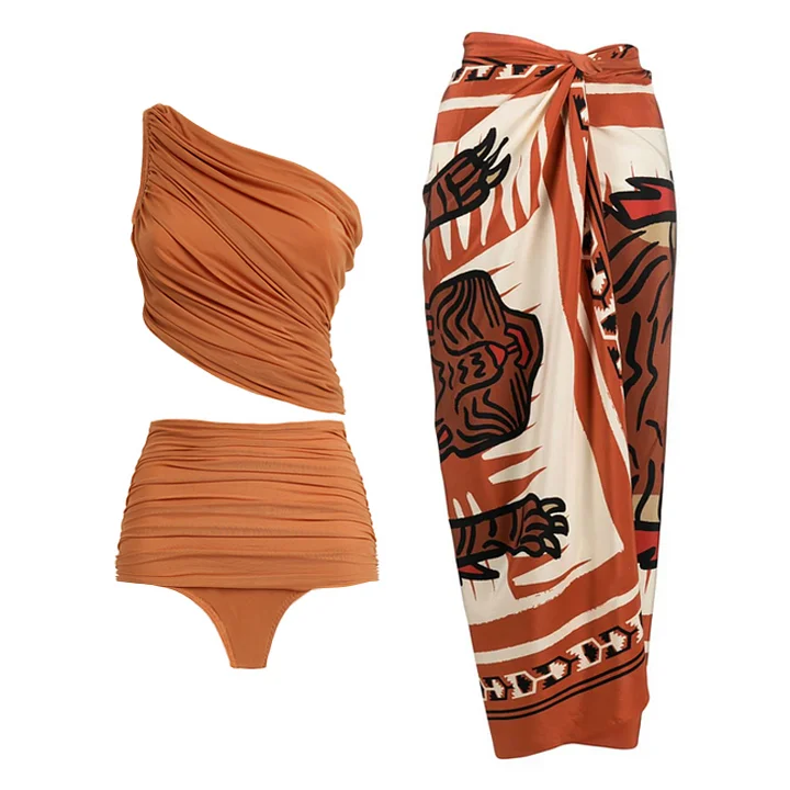 One Shoulder Ruched Rust High Waist Bikini Swimsuit and Sarong Flaxmaker