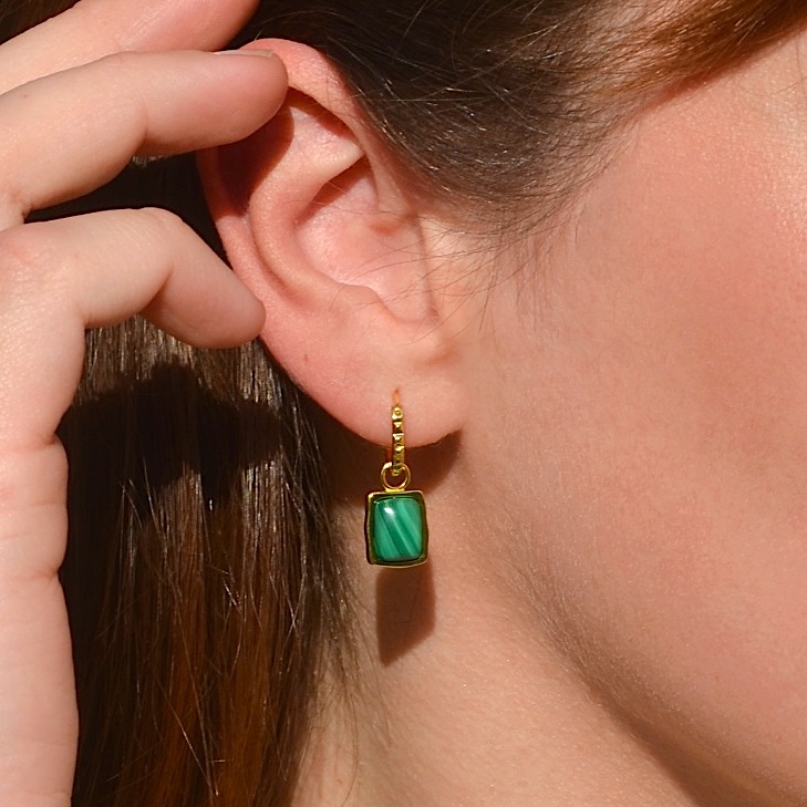 Vintage Baguette Malachite Gold Plated Hoop Earrings