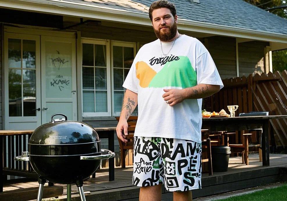 a big man wear 2-piece short set for casual time