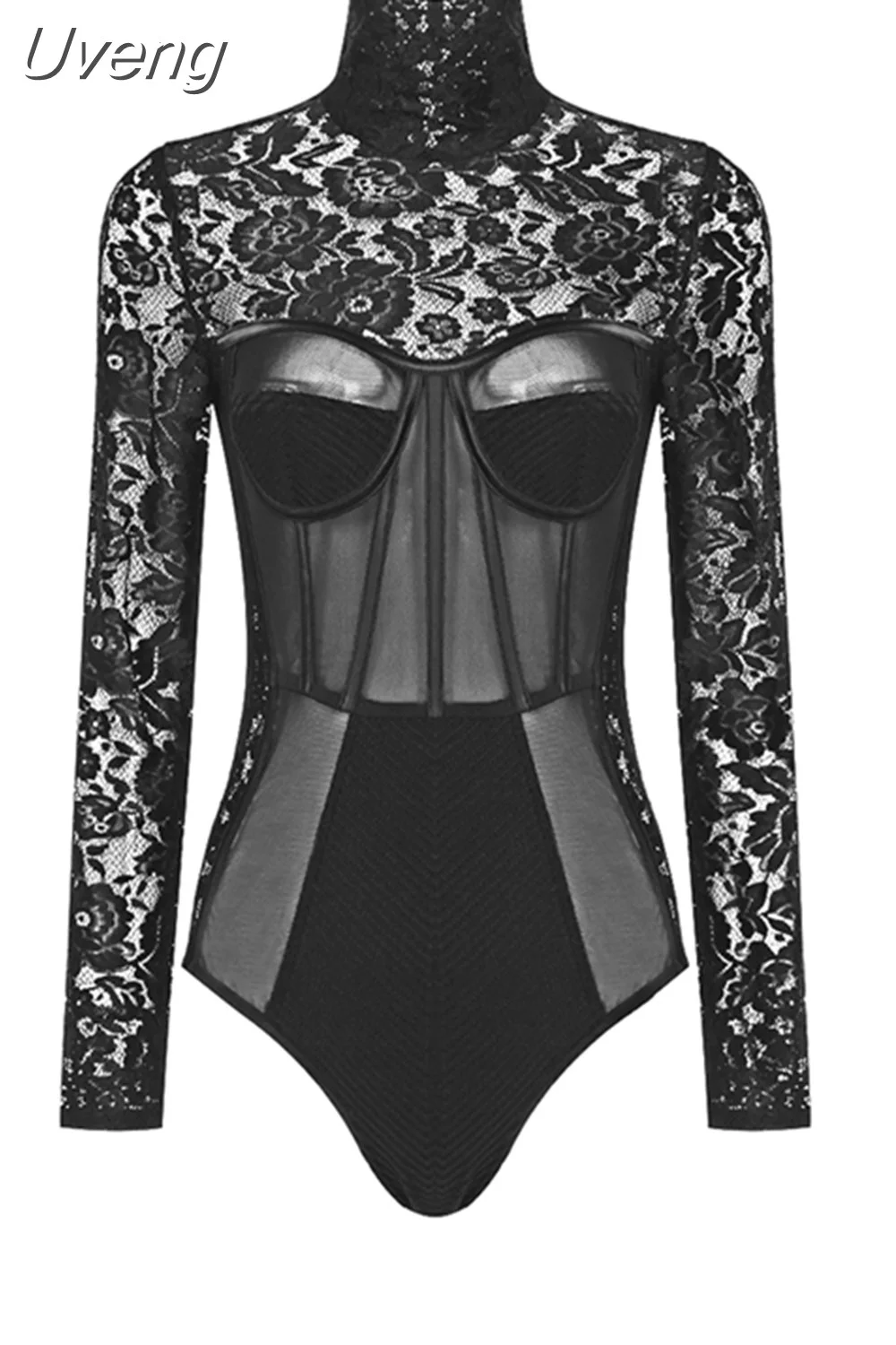 Uveng Mesh Splicing Lace BodySuit Women 2023 New Trendy Long Sleeve Bodies One Piece Bodycon Dress Sexy Female Clothing