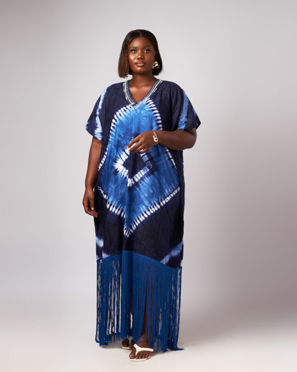 Blue Tie & Dye Fringe Kaftan Print Fringe Dress 