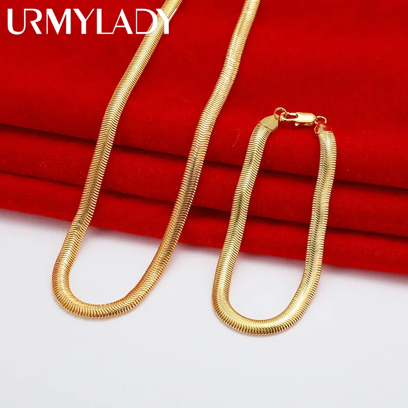 Does not fade 925 sterling silver plated 18K gold Fine 6MM snake bone Necklaces bracelets for Men Women Jewelry set gift 50cm 20inches