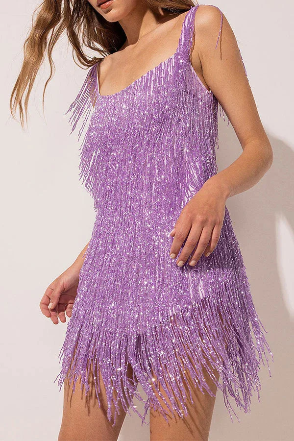 Solid Color Rocking Tassel Backless Mini Dress