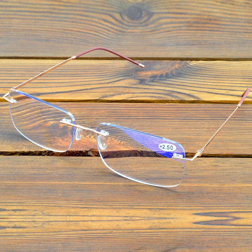 Rimless Gold Color Frame Rectangle Spectacles Coating Lenses See Near N Far Progressive Multi-focus Reading Glasses +0.75 To +4 +150-Gold