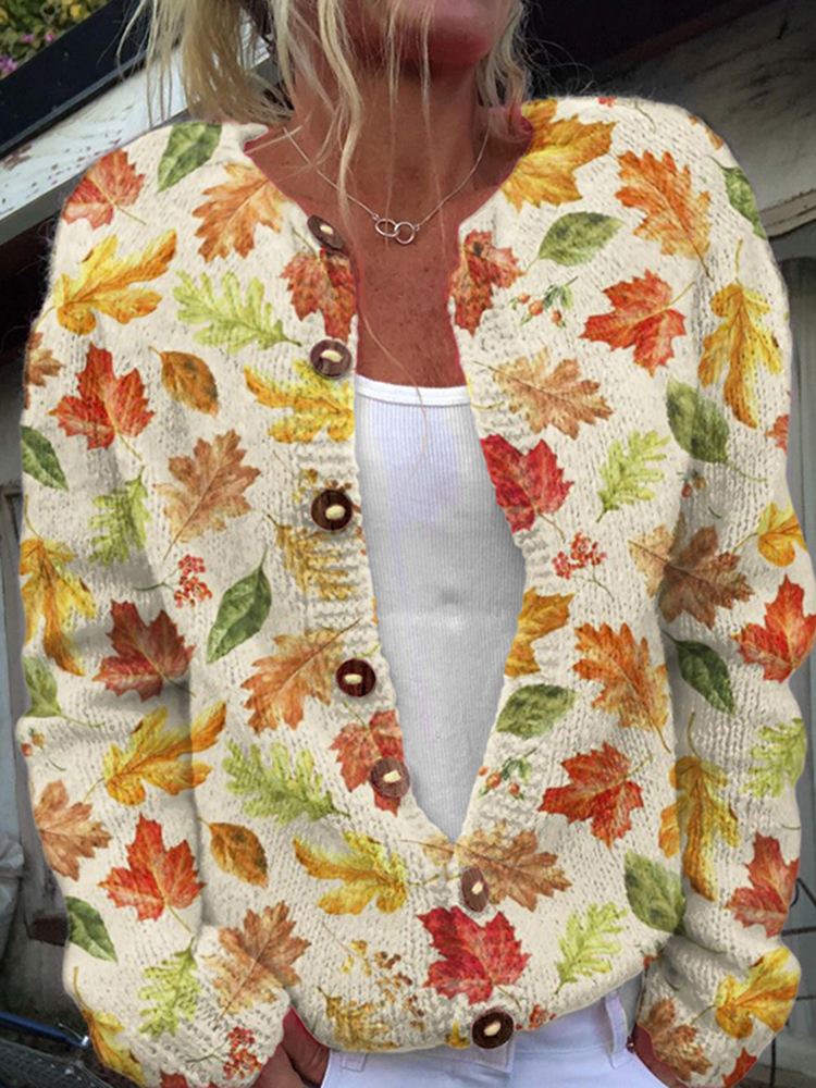 Autumn Leaf Print Long Sleeved Casual Knitted Cardigan