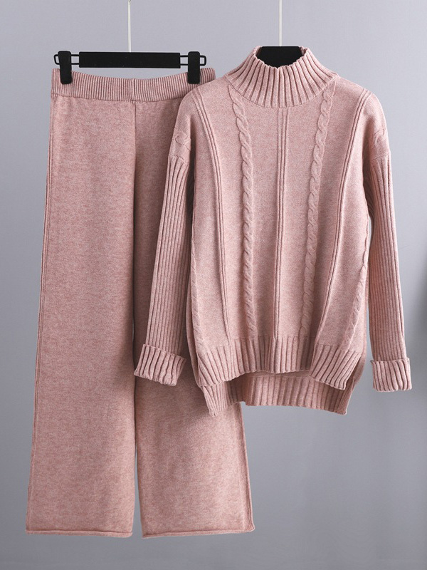 Half Turtleneck Sweater & Wide Leg Pants Knitted Set