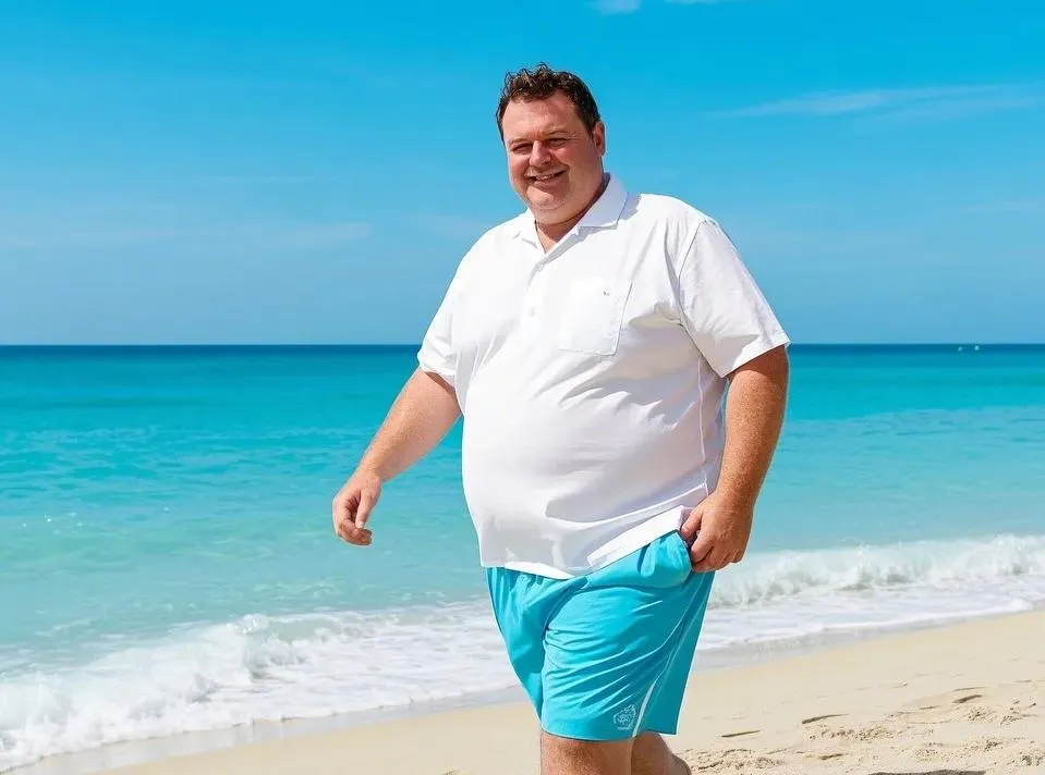 a big man wearing short set in summer