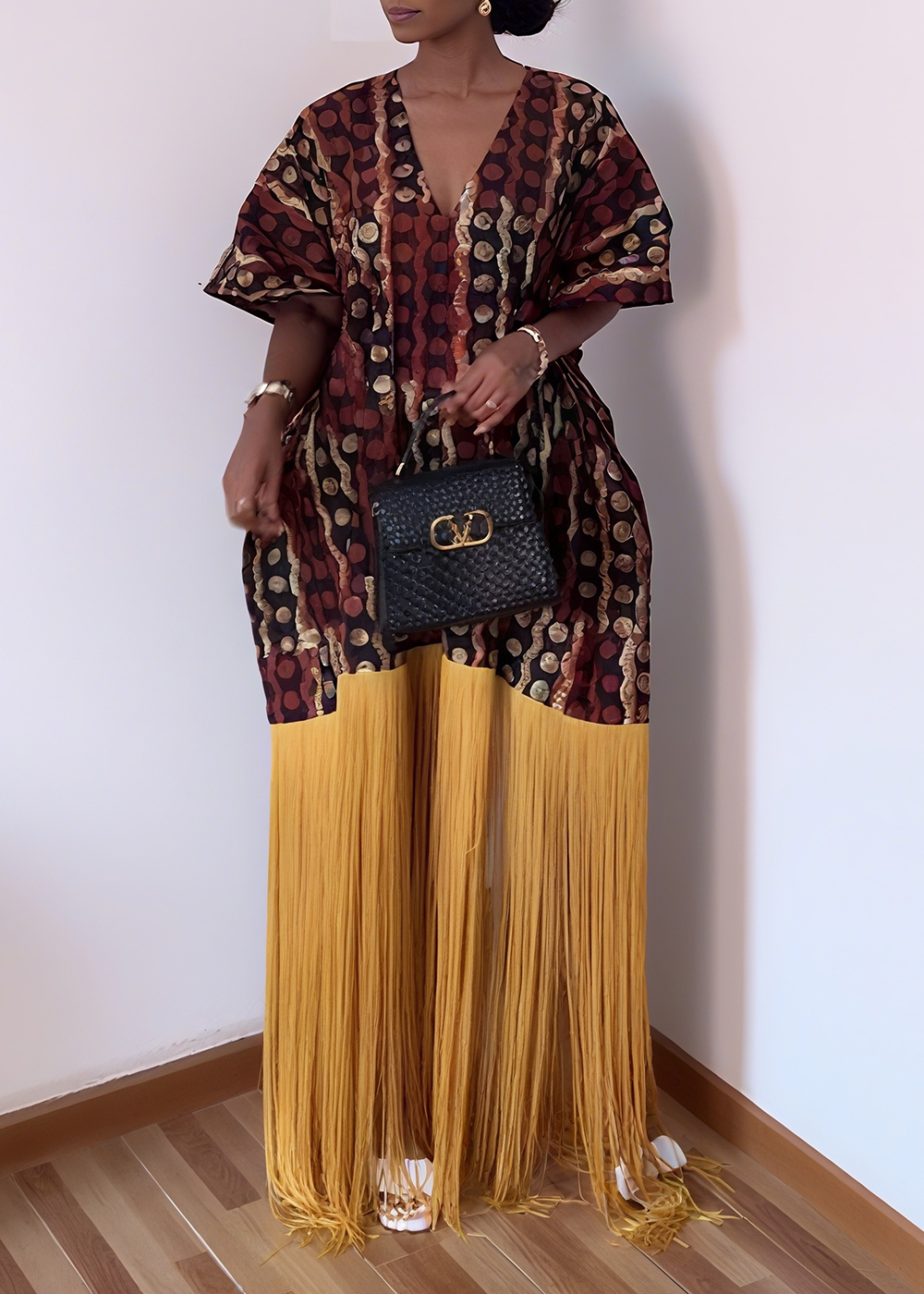 Elegant Print Dress with Fringe Hem