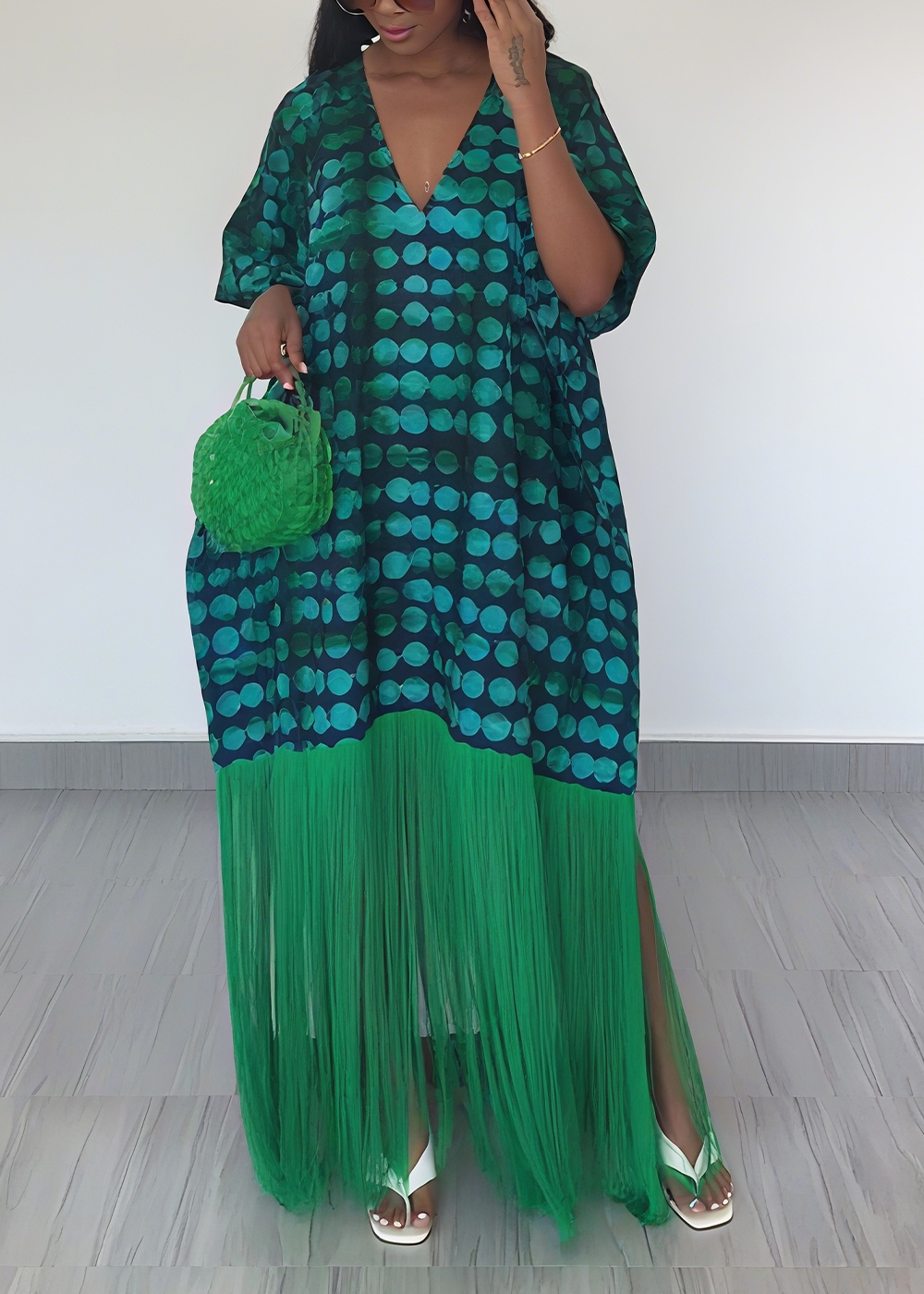 Elegant Print Dress with Fringe Hem