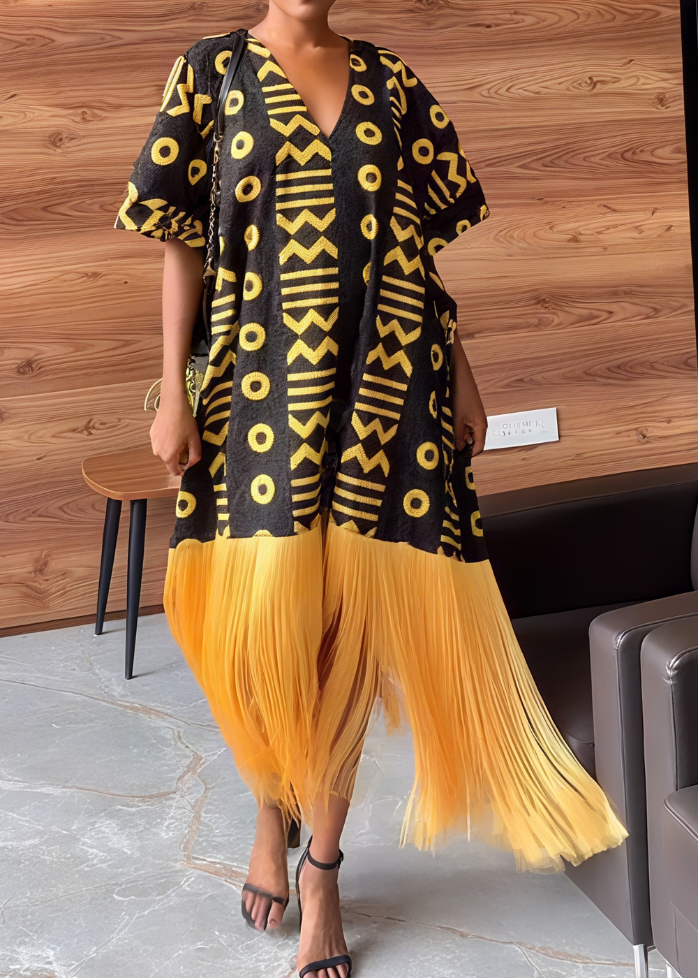 Casual Patterned Fringed Hem Dress