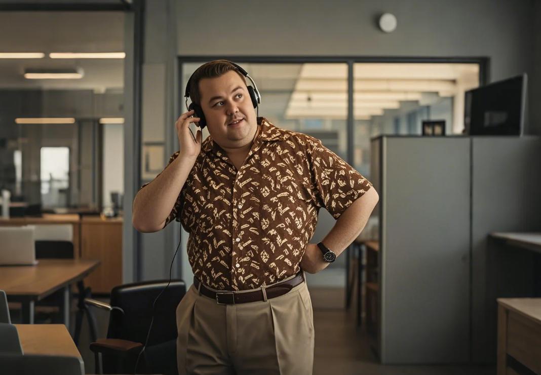 A man wearing a big and tall Hawaiian shirt on a casual workday.