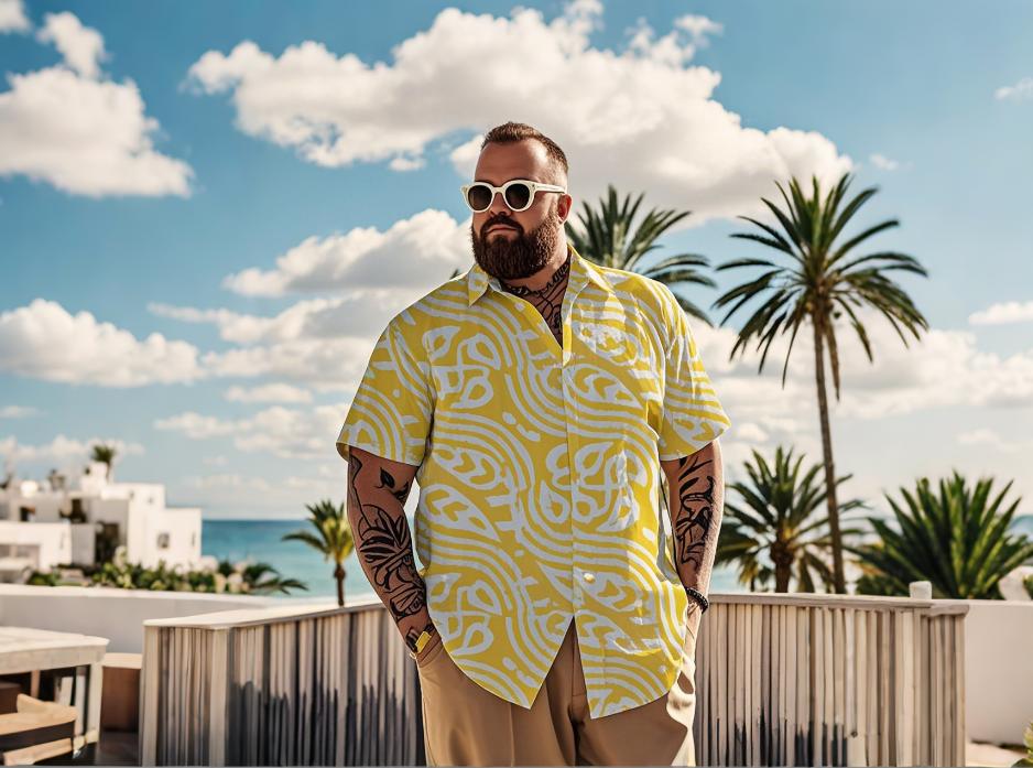 a big guy wearing floral printed Hawaiian shirts for big and tall sizes