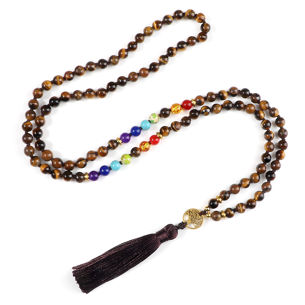 108 Mala Natural Stone Tiger Eye Beads Necklaces For Women Men Reiki 7 Chakra Prayer Meditation Necklace Handmade Jewelry Gifts