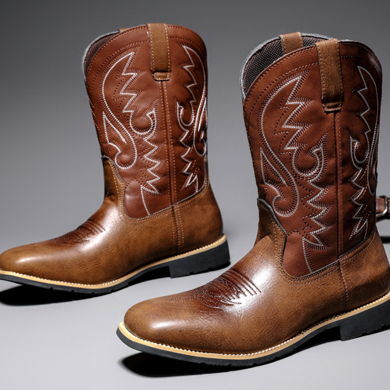 Men's High Embroidered Work Boots Men's Western Cowboy Brown Boots