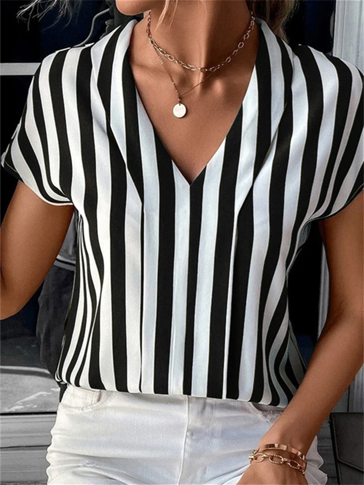 Women's Summer New Striped Loose Printed Top Casual V-Neck Shirt