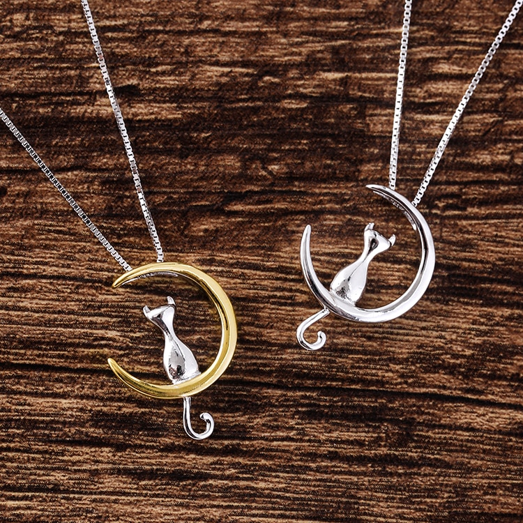New 925 Sterling Silver moon cat Necklaces Pendant Sterling Silver Jewelry Statement for Women Bijoux 45cm-Silver