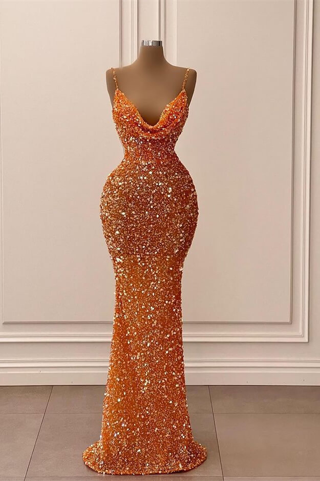Oknass Orange V Neck Spaghetti Strap Sleeveless Mermaid Long Prom Dress With Sequins