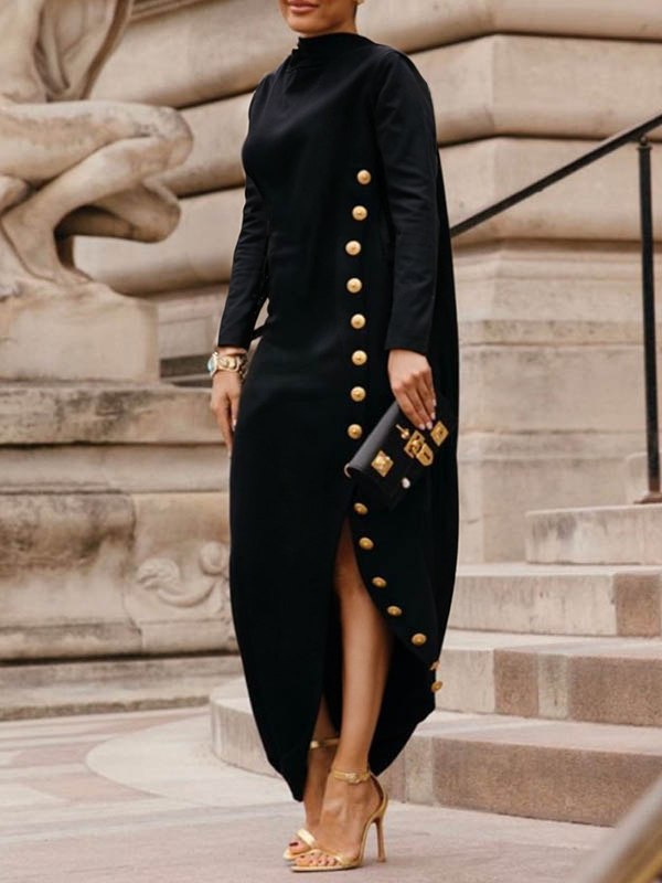 Long Sleeves Loose Buttoned Pockets Split-Side Lapel Maxi Dresses Shirt Dress