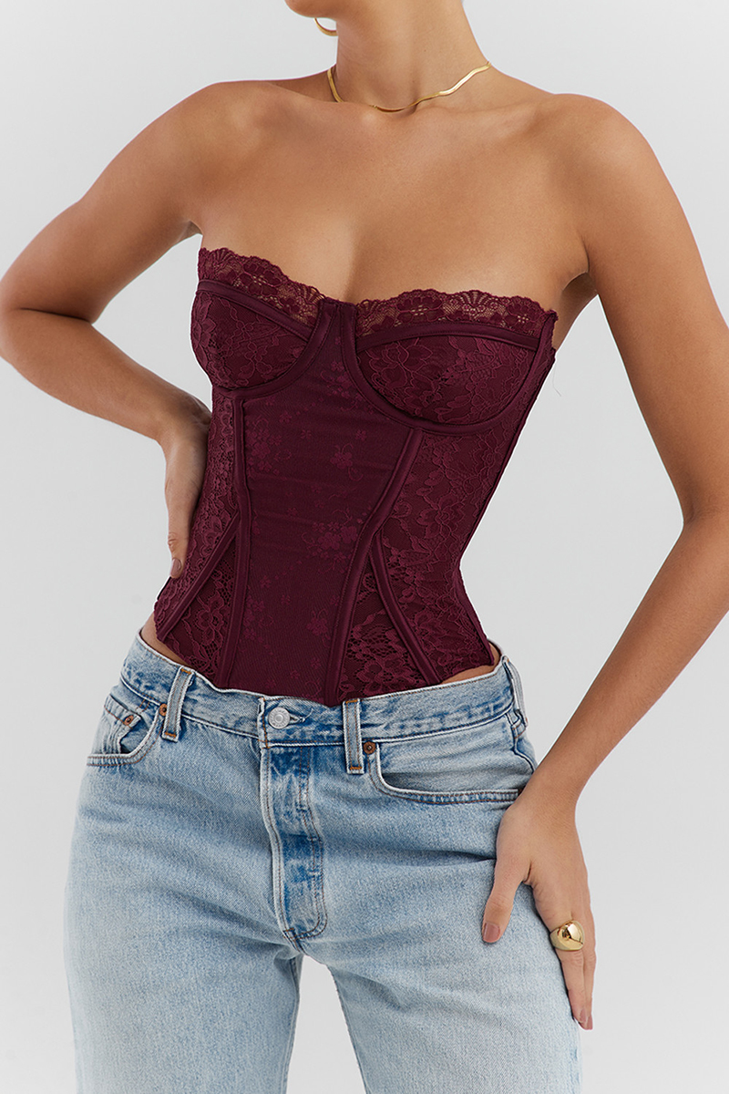 Lace Trim Quilted Strapless Corset Top-Red [Pre Order]