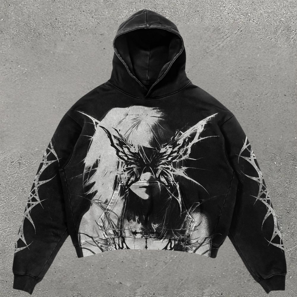Gothic Butterfly Masked Figure & Ornate Print Hoodie