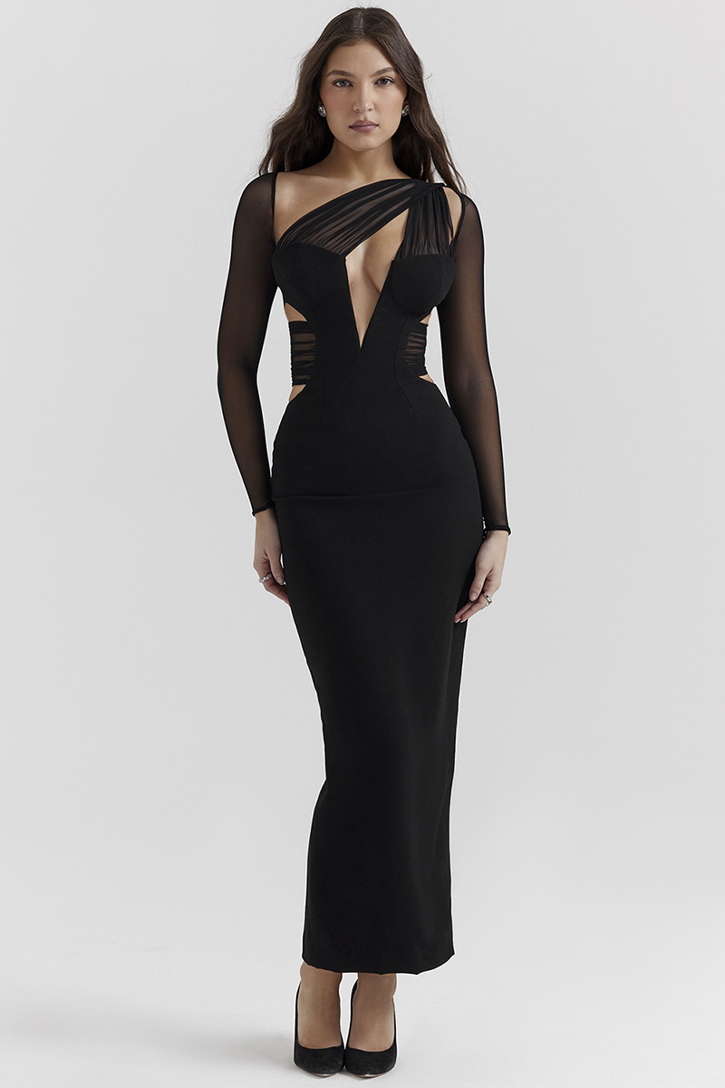 Irregular Cutout Long Sleeve Slim Fit Mesh Maxi Dresses-Black