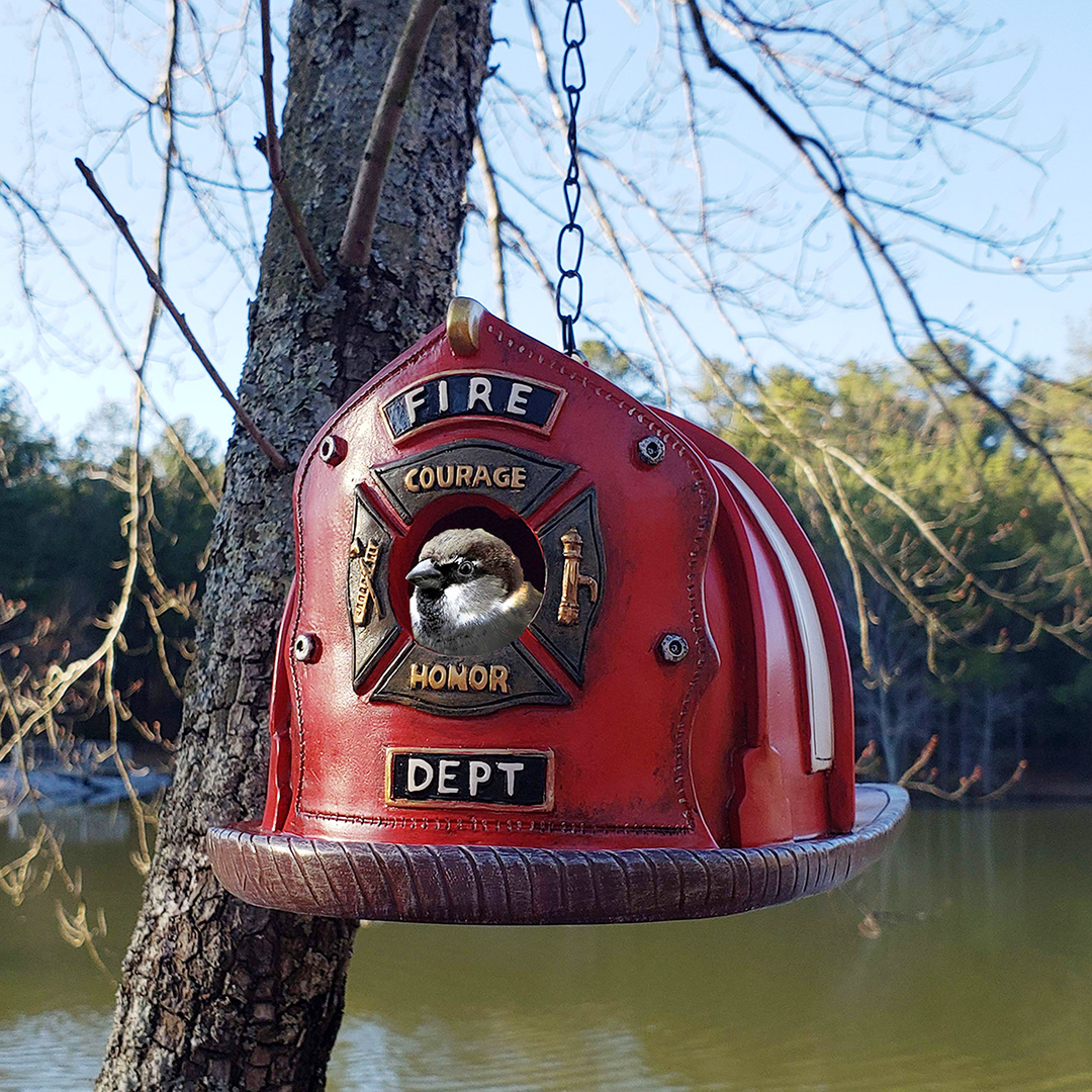Retro Red Firefighter Helmet Bird House - tree - Codlins