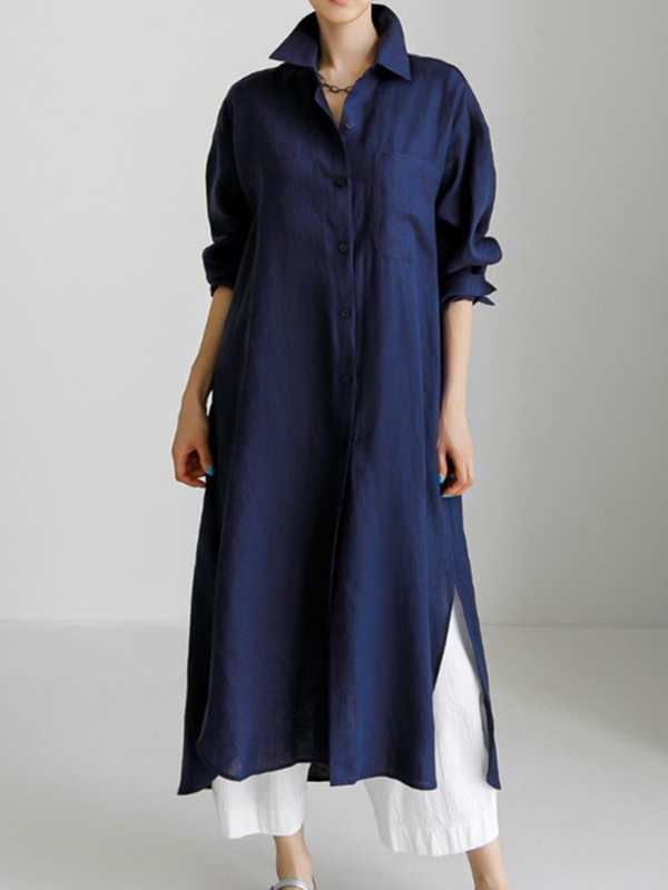 Casual Solid Color Lapel Button Slit Dress