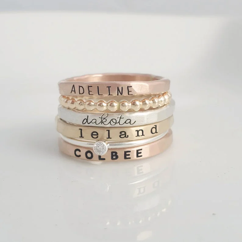 Stackable Name Rings - Set of Four Birthstone Ring Gift to Birthday,Her, Girlfriend, Friend, Family