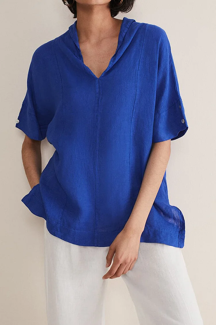 Linen Blue V Neck Short Sleeve Slit Hem Shirt