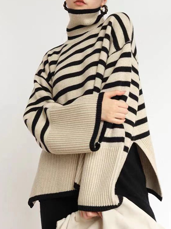 Long Sleeves Loose Contrast Color Split-Joint Deep V-Neck Jackets Outerwear main image 1