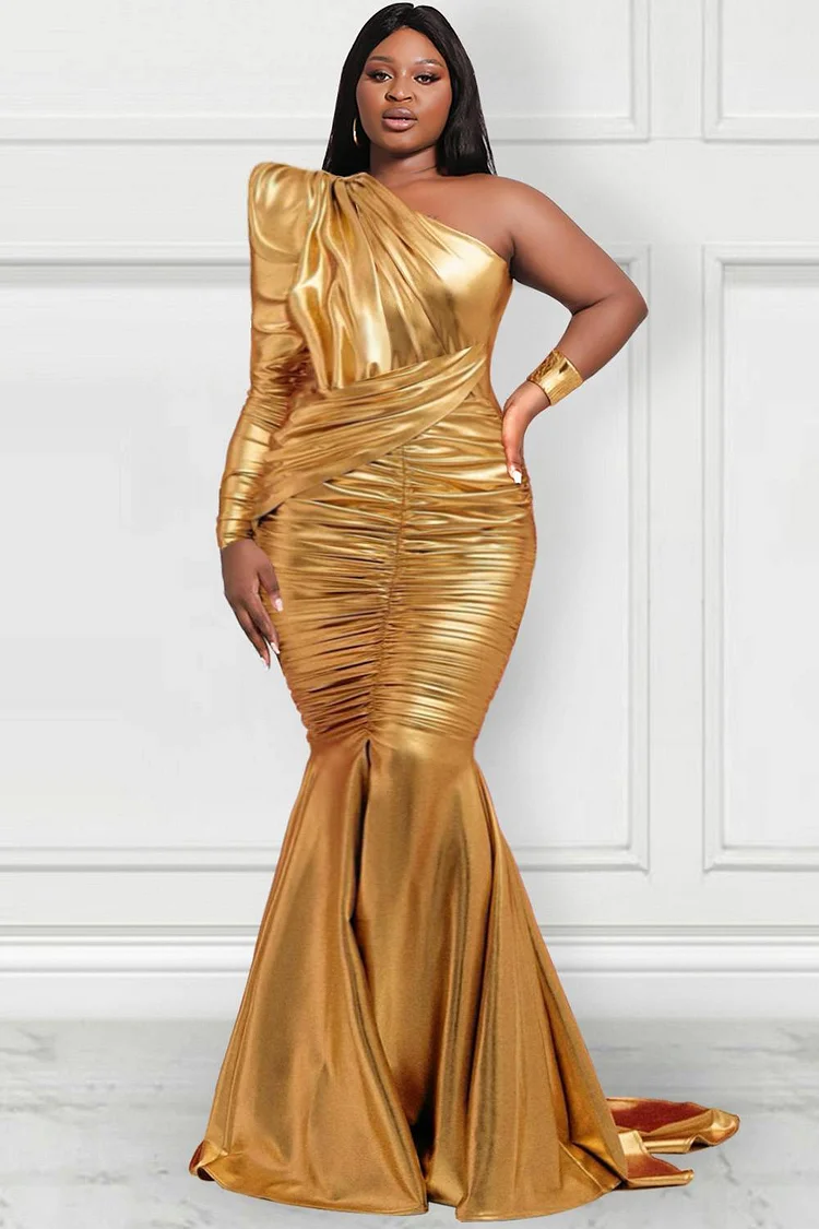Xpluswear Design Plus Size Gold Formal One Shoulder Long Sleeve Metallic Glitter Sheen Fold Mermaid Maxi Dresses