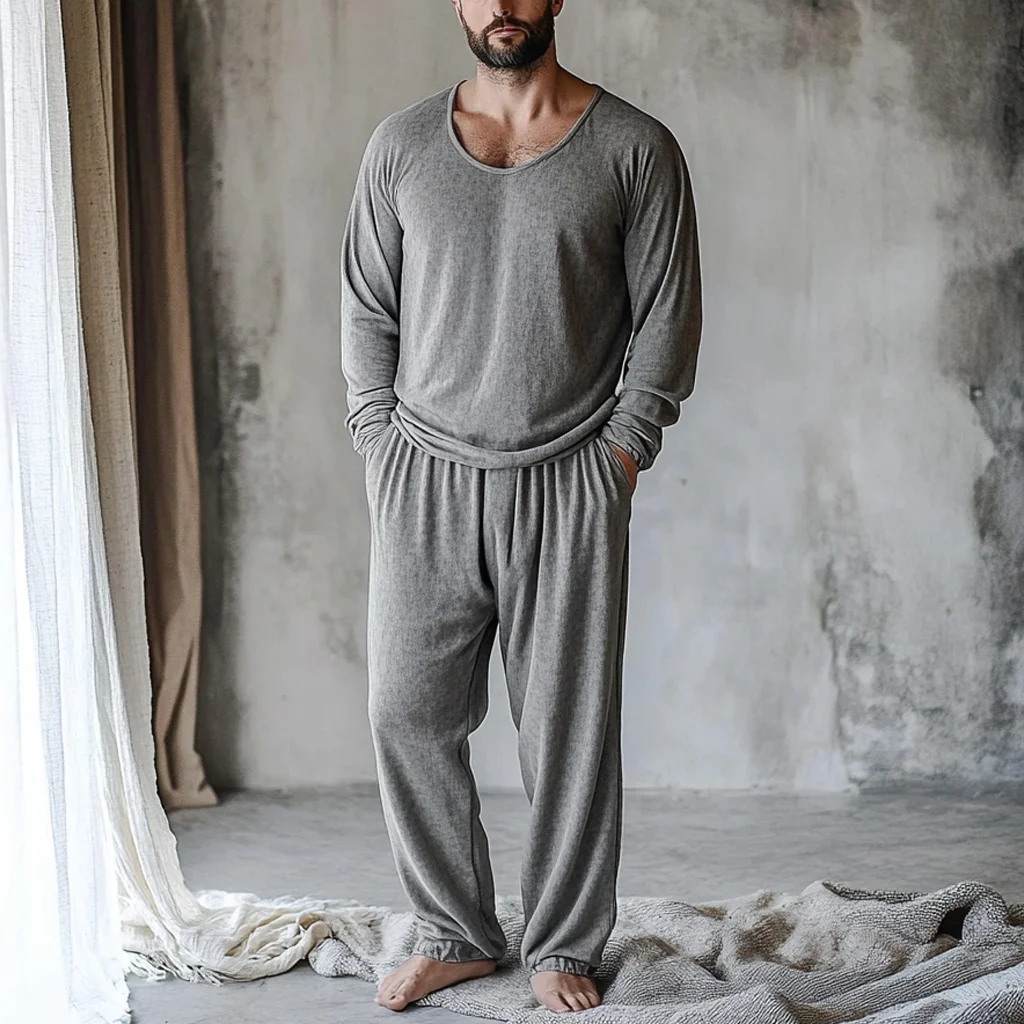 Men's Minimalist Autumn And Winter Warm And Comfortable Casual Pajamas And Pants Two-piece Set-inspireuse