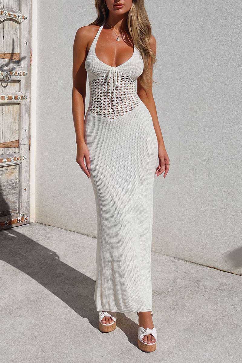 Halter Tied Up U Neck Hollow Out Knit Fishtail Maxi Dresses-White