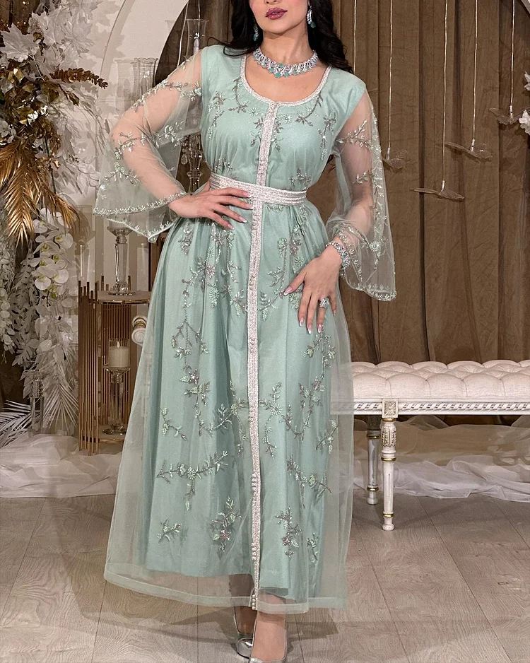 Women's Round Neck Long Sleeve Mesh Embroidery Dress