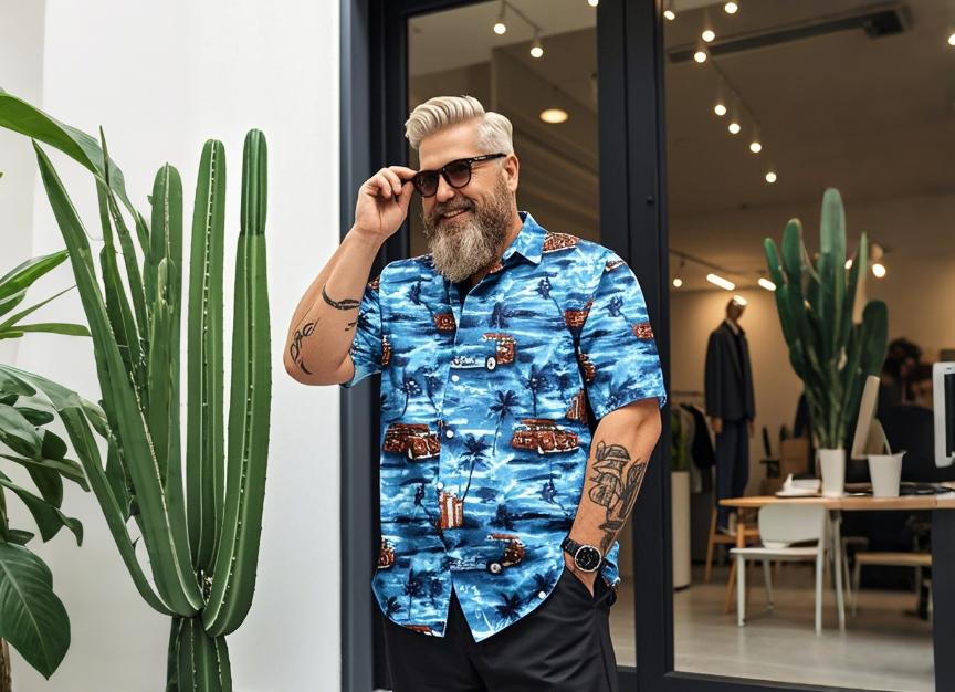 a man who is big and tall wearing tropical style 2-piece short set