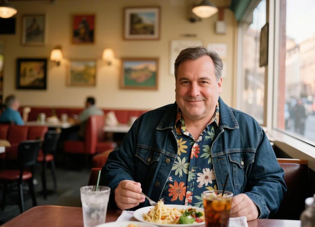 A man having lunch in big and tall tropical shirts with denim jacket.