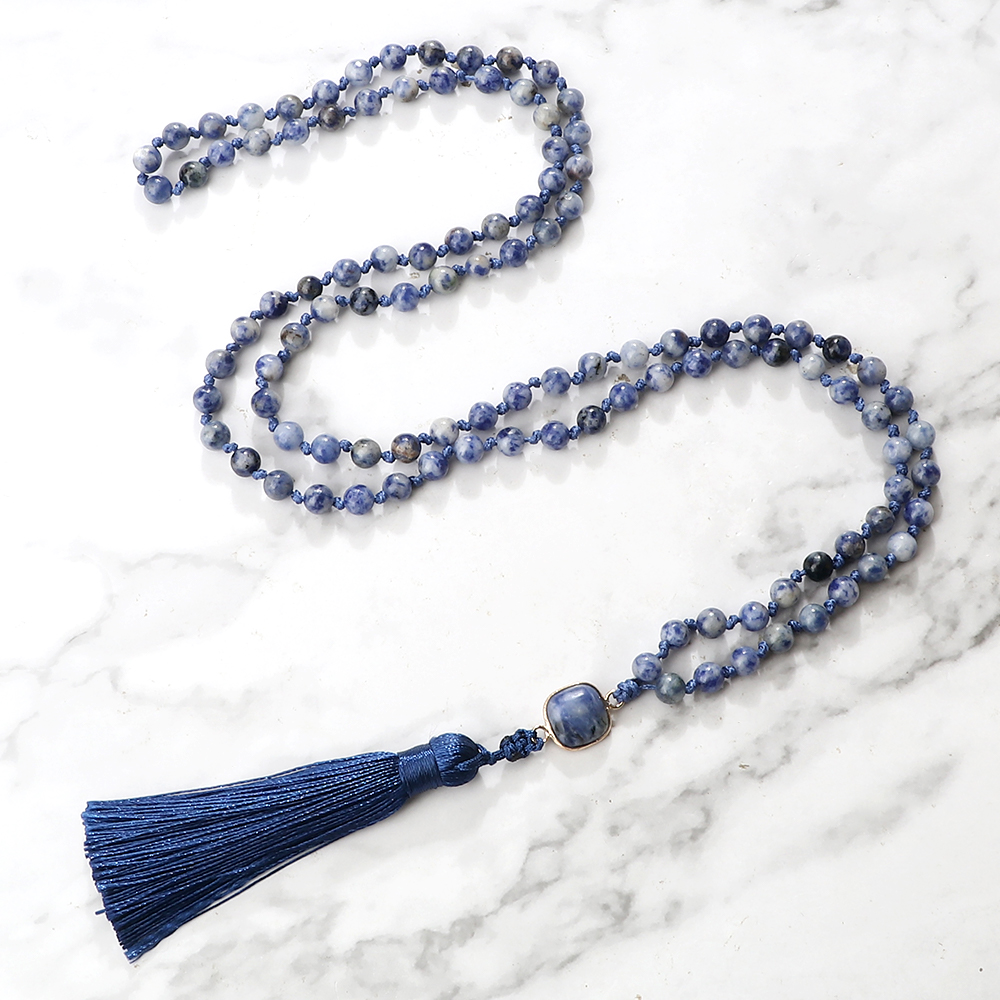 White Dot Blue-vein Sodalite Natural Stone Beads 108 Mala Necklaces Handmade Vintage Ore Pendant Neckalces Female Yoga Jewelry Style 1