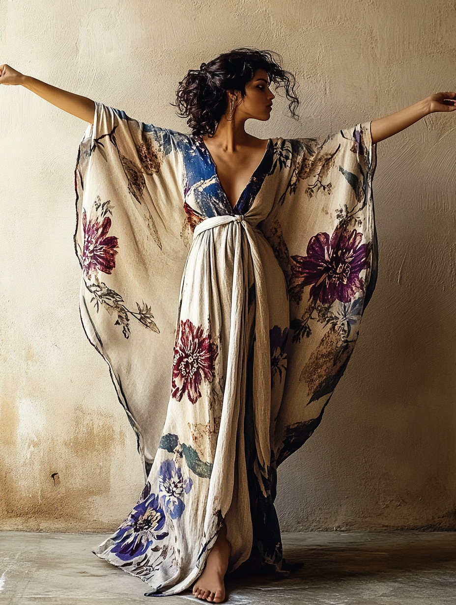 Women's Autumn Flowers Kimono Linen Robe (Including Belt)