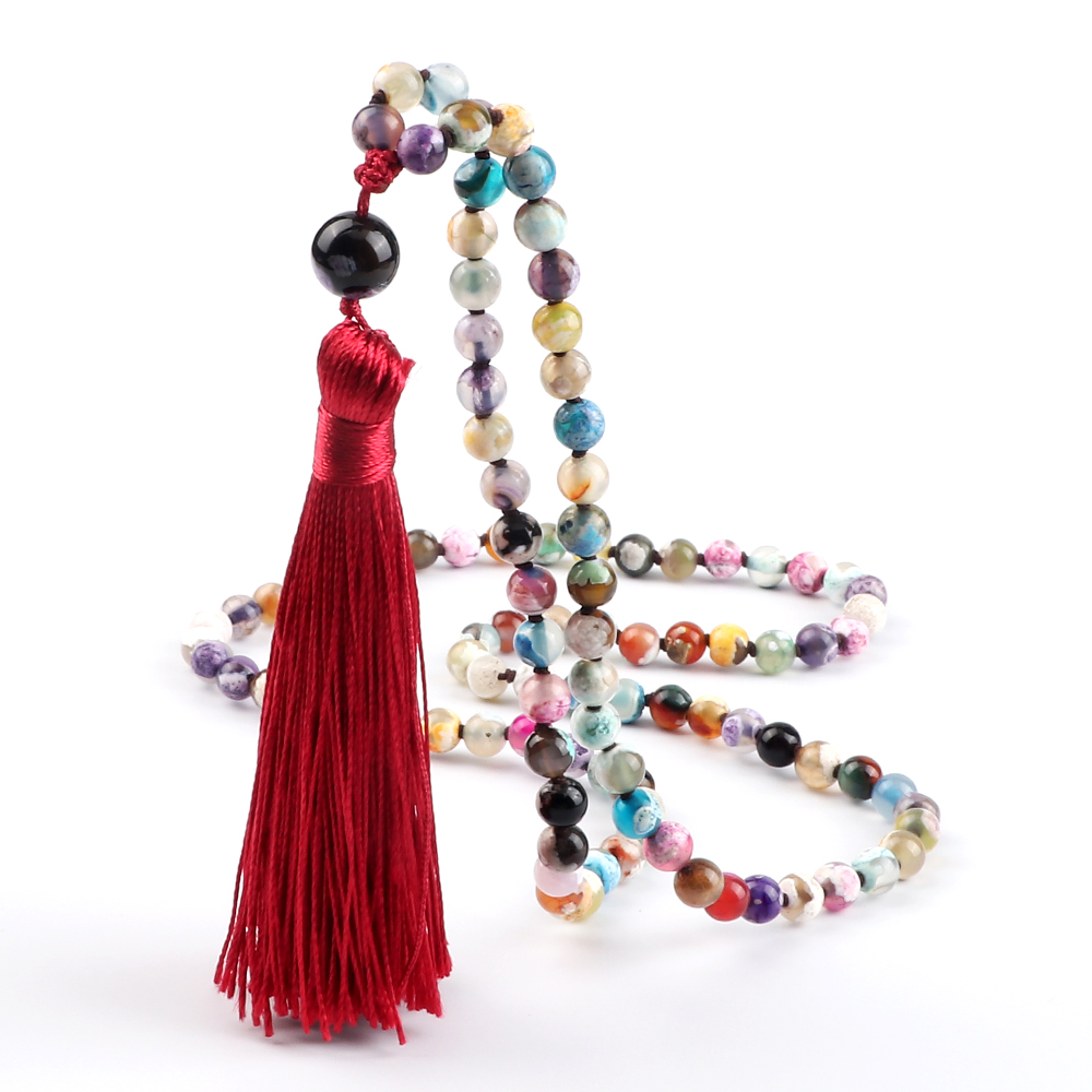 Bohemian 6mm Natural Fire Agates Onyx Stone Beaded Necklace For Women 108 Mala Red Tassel Yoga Jewelry Tassel Lariat Necklaces Mixed Color Fire