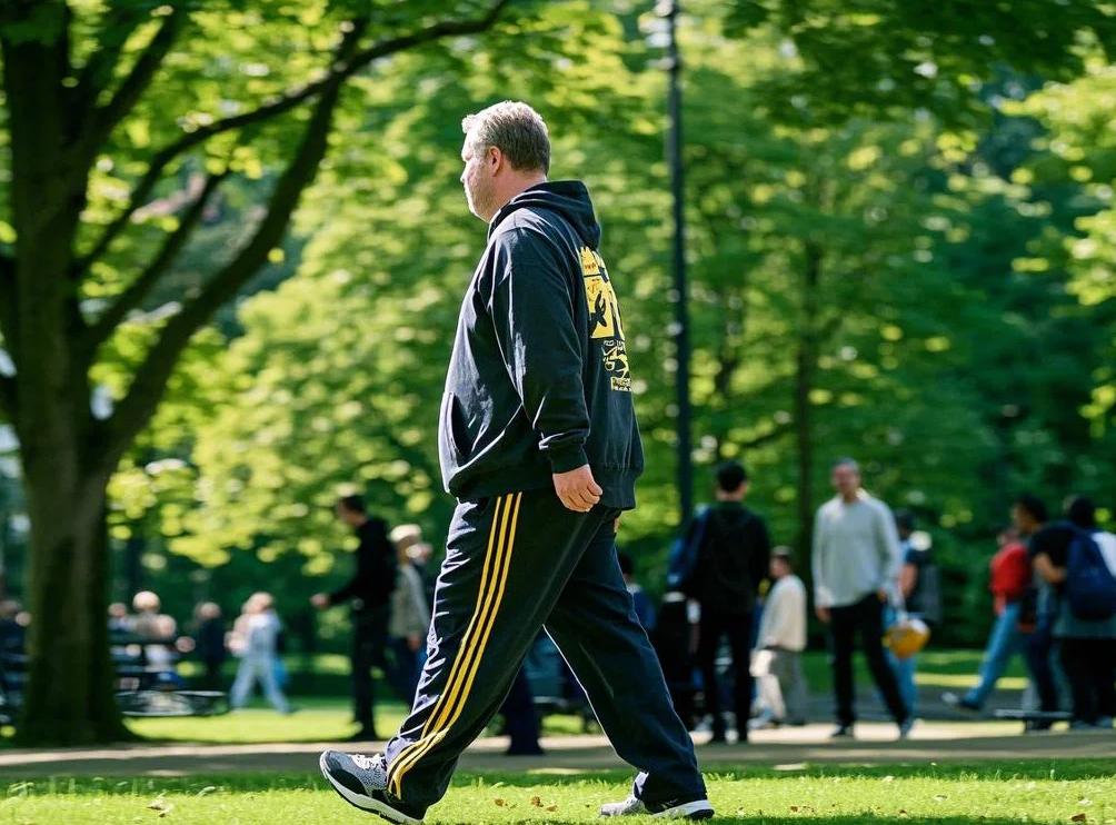 a man with big men's sweat suits having a walk