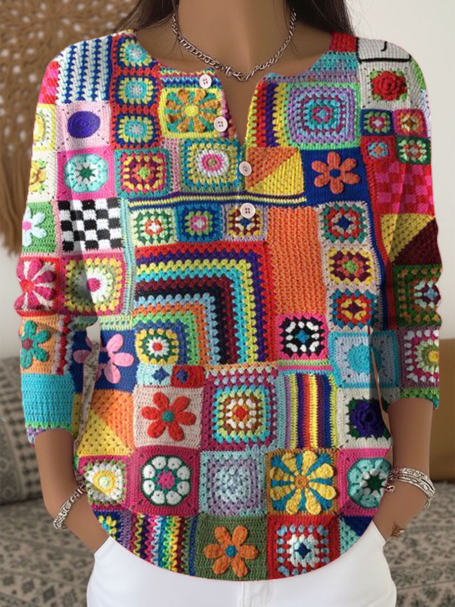 Vintage Art Print Buttoned Cardigan Sweater