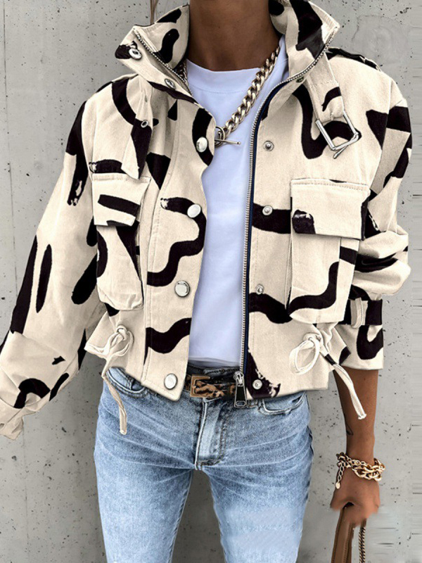Tied Printed Collared Neck Long Sleeve Jacket