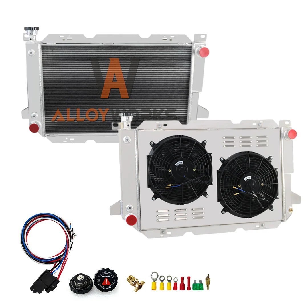Alloyworks 4 Rows Aluminum Radiator with Shroud Fan For 1985-1997 Ford Bronco F100 F150 F250 350 5.8L 7.5LV8 22-1/2" High x 37-1/4" Wide